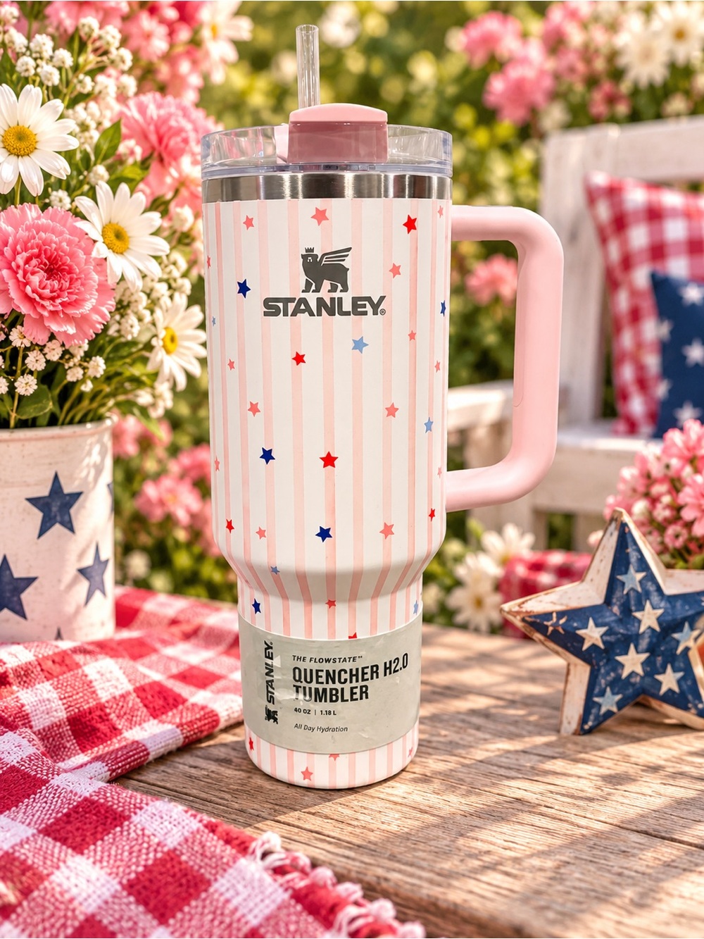 Stanley Quencher H2.0 Flowstate 40oz Pink Starry Stripes NWT